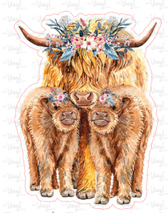 Sticker | 39M | Highland Cow with calves | Waterproof Vinyl Sticker | White | Clear | Permanent | Removable | Window Cling | Glitter | Holographic