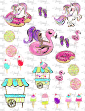 Load image into Gallery viewer, Waterslide Sheet of Decals dark skin purple hair POOL PARTY Theme