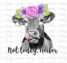 Load image into Gallery viewer, Waterslide Decal A6 Not Today Heifer Cow licking nose with purple flowers