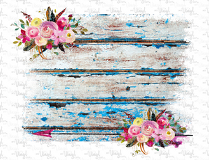 Waterslide Decal Distressed Blue Wood Background with Flowers