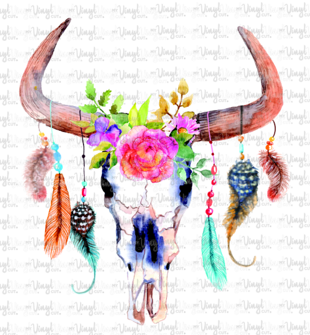 Sublimation Transfer H11 Bohemian Cow Skull with Feathers