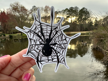 Load image into Gallery viewer, Sticker | 68K | Spider in Web | Waterproof Vinyl Sticker | White | Clear | Permanent | Removable | Window Cling | Glitter | Holographic