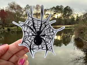 Sticker | 68K | Spider in Web | Waterproof Vinyl Sticker | White | Clear | Permanent | Removable | Window Cling | Glitter | Holographic