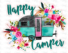 Load image into Gallery viewer, Sticker | 17C | Happy Camper | Waterproof Vinyl Sticker | White | Clear | Permanent | Removable | Window Cling | Glitter | Holographic